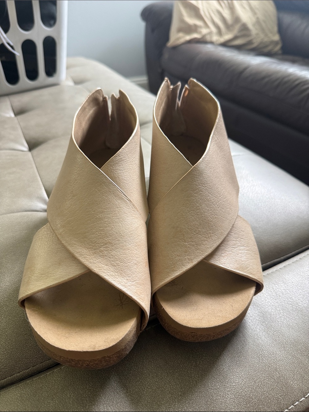 Volatile Tan Crossover Wedge Sandals